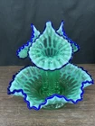 Fenton Green Opalescent Cobolt Blue Epergne Hobnail 3 Horn Trumpet Vase Ruffled