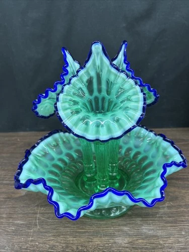 Fenton Green Opalescent Cobolt Blue Epergne Hobnail 3 Horn Trumpet Vase Ruffled
