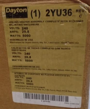 DAYTON 2YU36 Ceiling Heater + Enclosure 5000W 20.8A 240V NEW