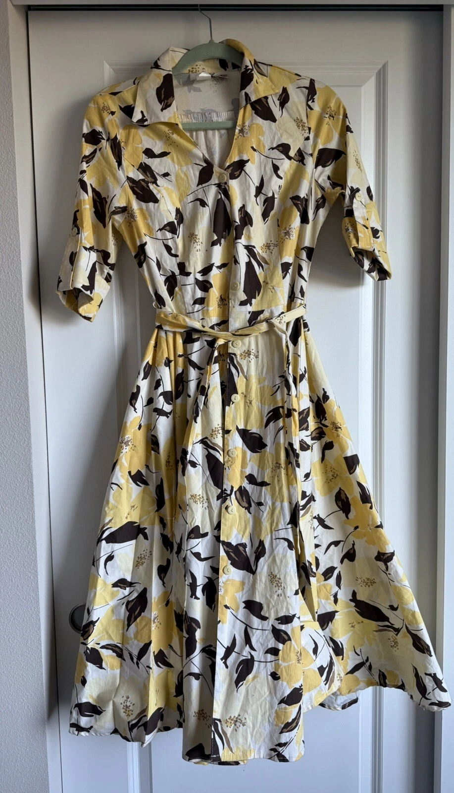 Vintage 70s Jody Of California Floral Midi Pattern SZ 7/8 Yellow Tie Shirt Dress