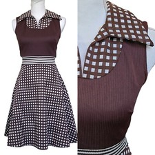 Vintage Womens Sz 4 Brown Plaid Collared Fit N Flare Dress Knee Length Polyester