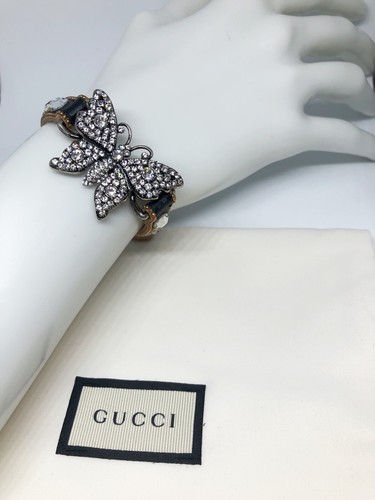 NEW 100% Authentic GUCCI Crystal Butterfly Black Leather Belt Bracelet - Picture 6 of 12