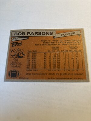 1981 Topps #237 Bob Parsons Chicago Bears Penn State Nittany Lions
