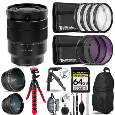 Sony Vario-Tessar T* FE 16-35mm ZA Lens -3 Lens Kit + Tripod +Backpack -64GB Kit