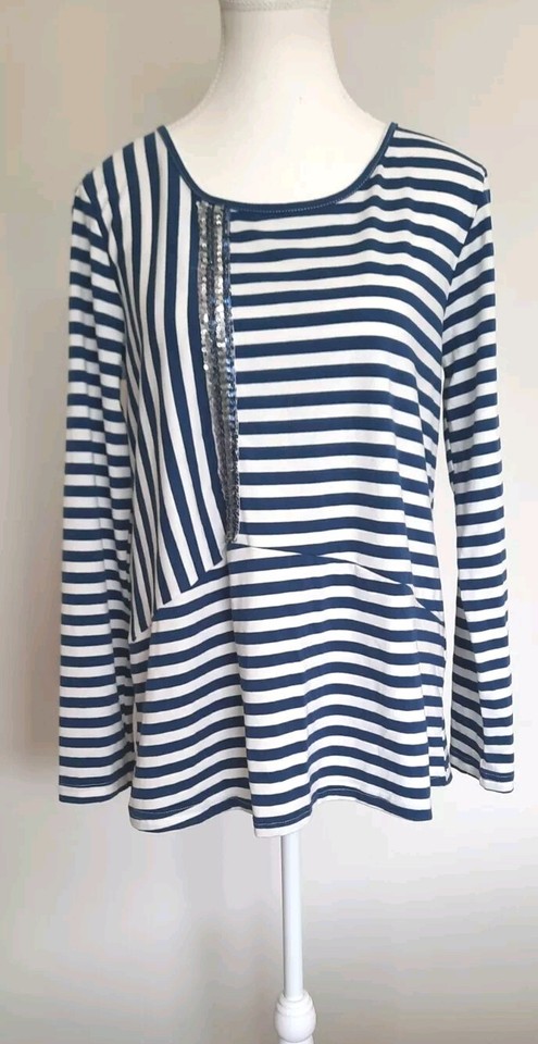 Threadz Long Sleeve T Shirt With Sequin Detail Blue/white Stripe  Size XS