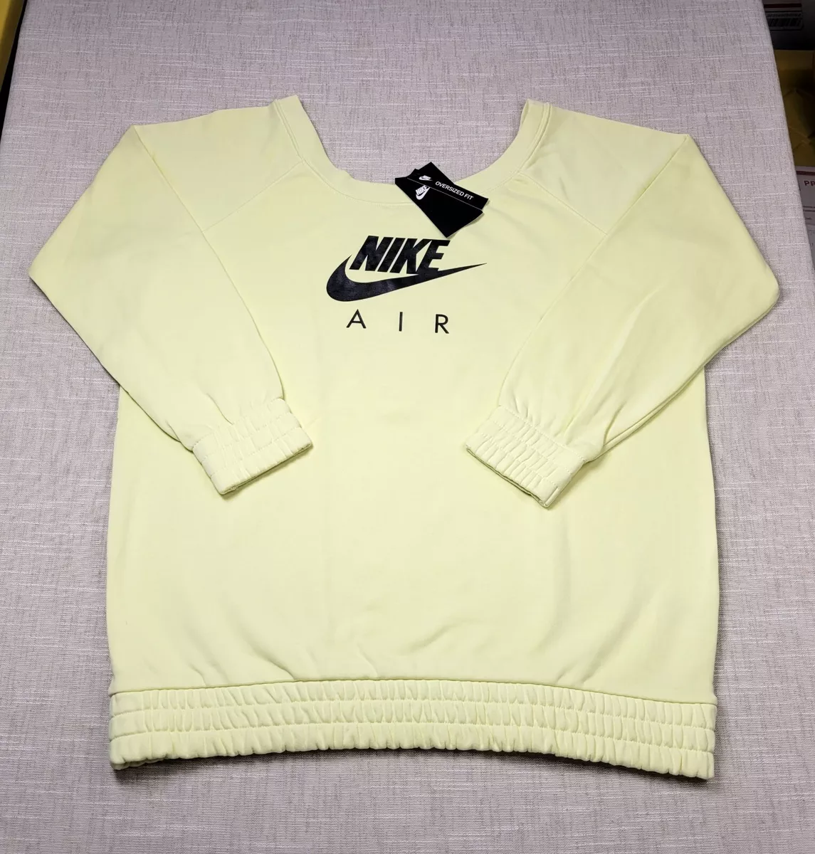 NIKE Air Sweatshirt Large XL Womens Green Black Terry Crew Logo Oversized Fit
