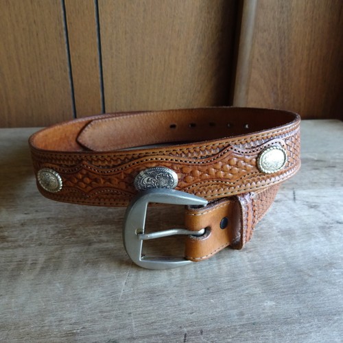 Nocona Vtg Basketweave Tooled Brown Leather Conchos Belt w/Buckle Size 34-36