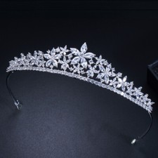 Silver Plated Cubic Zirconia Flower Tiara Crown for Women Wedding Brides Pageant