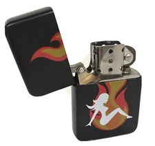 Trucker Girl In Flames Flip Top Black Oil Lighter Wind Resistant Flame