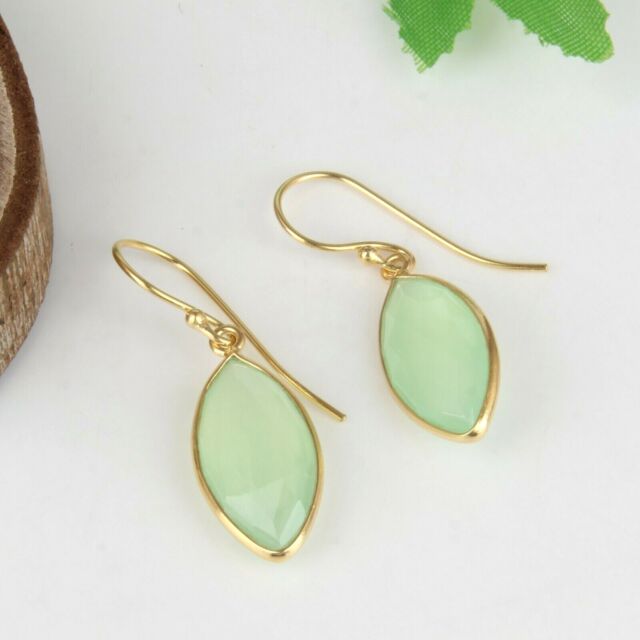 Yellow Gold Plated Green Chalcedony Gemstone 925 Silver Dangle Earrings