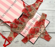 Victoria's Secret Dream Angels Floral Embroidery Unlined Bra Thong Set Orange