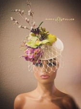 Ascot Fascinator Kentucky Derby Hat Gold Eggplant Purple Cream Avocado Green