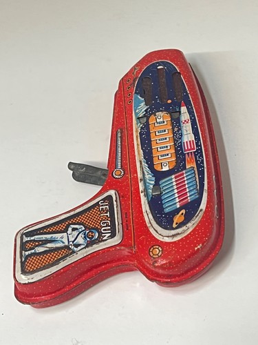Vintage Tin Space Jet Gun Japan Friction Gun Sparks Red Astro Rockets Spaceship - Picture 2 of 11