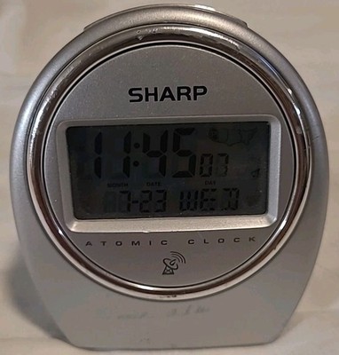 Sharp Atomic Digital Travel Alarm Clock Silver Automatic SPC364 Night Back Light