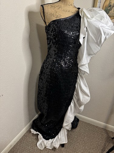 Vintage 80’s C Randall Brooks Black Sequin Formal Dress With White Ruffle - Picture 2 of 21