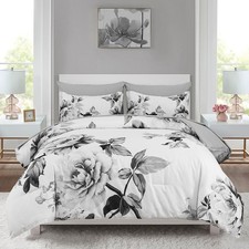 Drucon Grey Floral Comforter Set Queen 7 Pieces Bed in a Bag Botanical Floral...