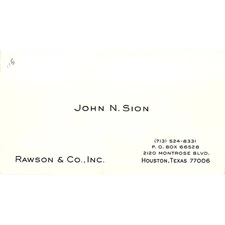 John N. Sion Rawson & Co Inc Houston Vintage Business Card SE5-B3