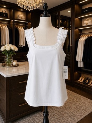 Southern Tide XL White Solid Ruffle Strap Square Neck Sleeveless Camisole Top