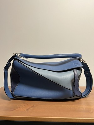 LOEWE Puzzle Bag Medium Varsity Blue Navy Grey Calfskin w/ Strap Dust Bags