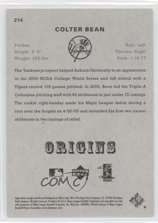 2005 Upper Deck Origins Young Stars Gold /20 Colter Bean #214 Rookie RC - Image 2 of 2