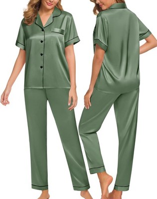 SWOMOG Women Satin Pajamas Set Short Sleeve Top & Pants Medium, Matcha