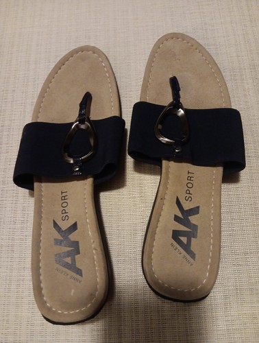 Anne Klein Sandals Sz 9 Navy Stretch Metal Bead Comfort Flip Flop Mature Office - Picture 3 of 5