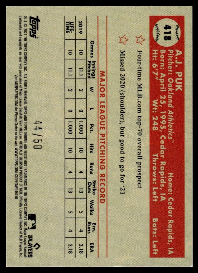 2021 Topps Chrome Platinum Anniversary Gold/Rose Gold 70th Wave Refractor A.J. - Image 2 of 2