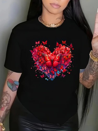 Women'S Heart Print T-Shirt, Crew Neck Short Sleeve Casual Top - Picture 11 of 12