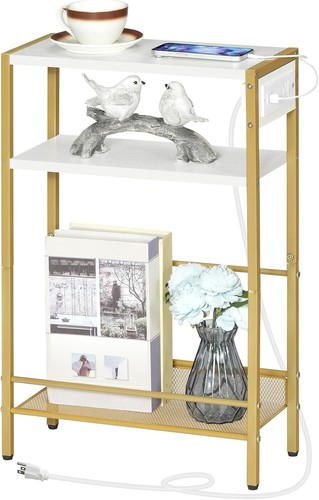Slim End Table with Charging Ports - Perfect for Small Spaces in White & Gold - Picture 10 of 11