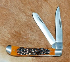 Rite Edge Trapper Folding Pocket Knife w/ Rare Jigged Tobacco Bone Handles - NOS