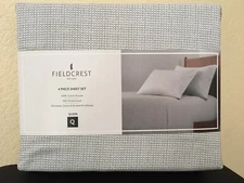 FIELDCREST Queen Sheet Set 100% COTTON Percale 300 TC Deep Fitted Gray/White New