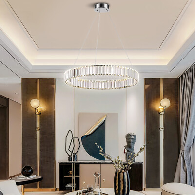 Modern Crystal Chandelier LED Ring Pendant Light Hanging Lamp Fixture Dimmable