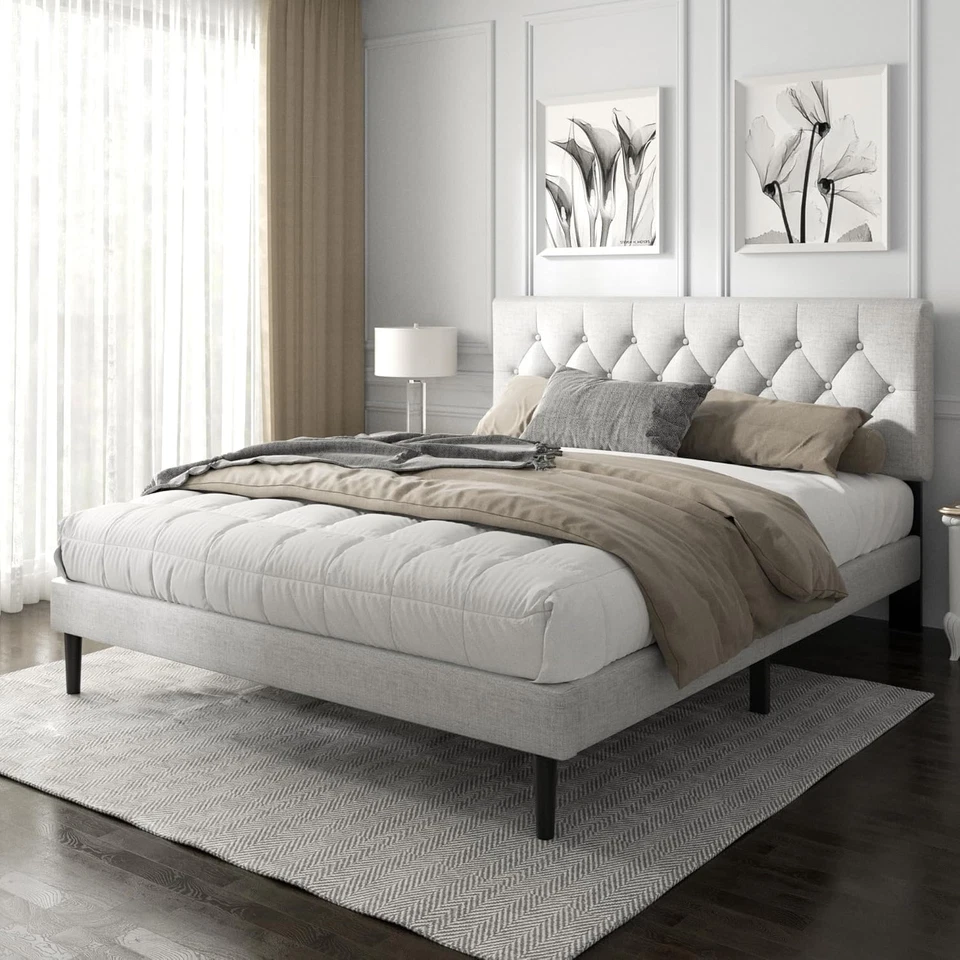 King Size Platform Bed Frame with Upholstered Button Tufted Headboard, Mattress - Image 3 of 4
