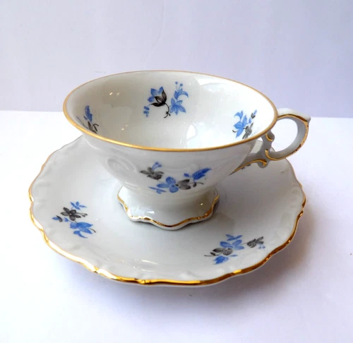Schumann Bavaria Arzberg Footed Blue Flower Porcelain Demitasse Cup & Saucer Set