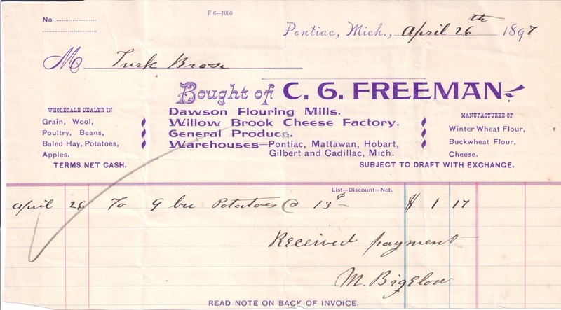 1897 C. G. FREEMAN Pontiac MICHIGAN Dawson Flouring Mills MATTAWAN Hobart