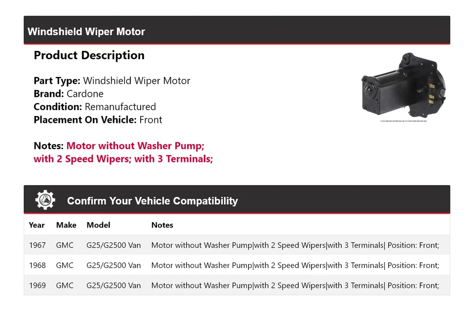 Para GMC G25/G2500 1967-1969 Van Limpiaparabrisas Motor Delantero Cardone 1968 Foto 2 de 4