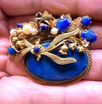VTG Original by Robert Brooch Pendant Blue Glass Faux Pearl Ornate Gold Tone