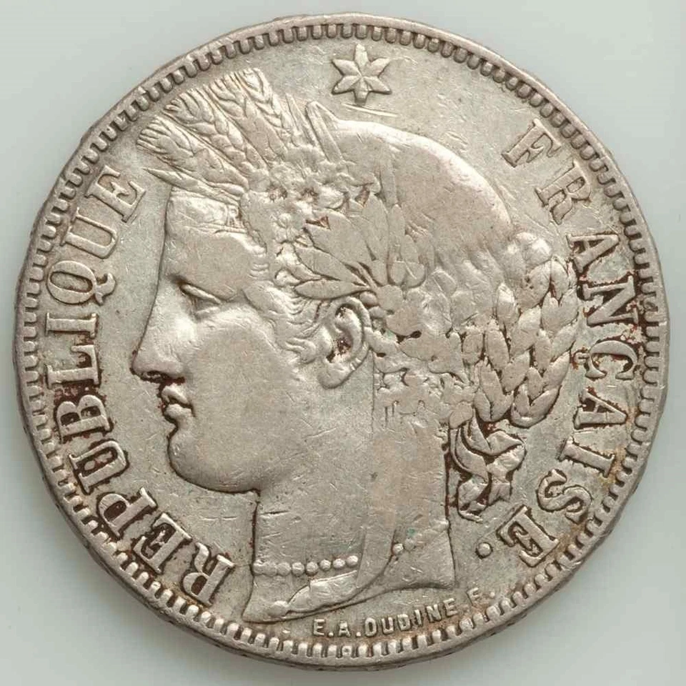 France Republic 1871 Silver 5 Francs Coin Laureate Woman's Bust Facing Left VF+ - Image 2 of 3