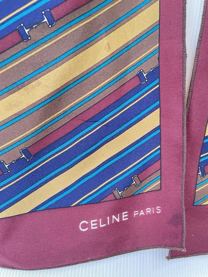Bufanda de seda vintage Celine Paris patrón de rayas brocas ecuestres #A12 Foto 2 de 4