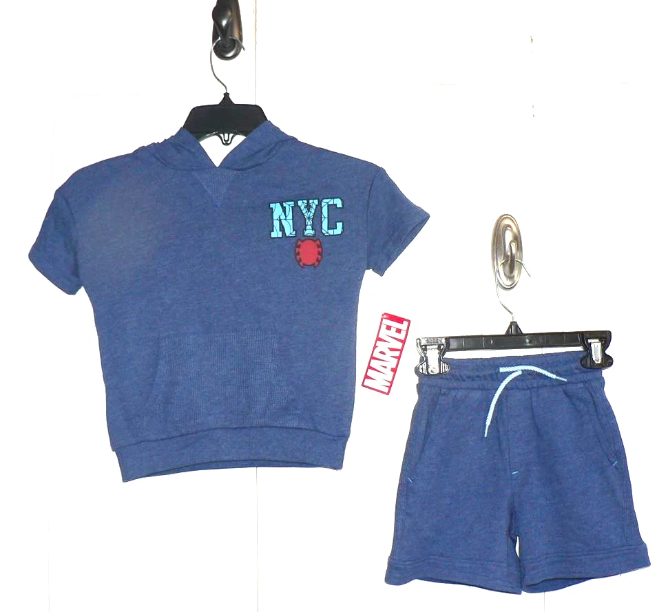 Marvel Boys 2Pc Terry Set Short Sleeve Hoodie & Short Set in Blue Spider-Man Sz4