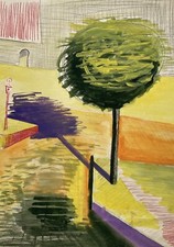 Espressionista Naif Angolo Stradale Con Albero Arte Del Mid Century Acquerello
