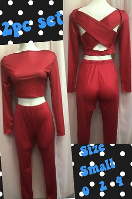 WOMENS 2PC Crop SET PANTS Cut Out TOP Lounge set Small Long Sleeves XCross Back