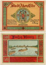 Aken Elbe, 1 note emergency money 1921, coat of arms, Elbe ships towing train, 50 Pfennig