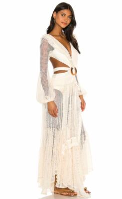 chinese dress ladies White Fringe Cut Out Lace Up Back Long Sleeves Dress