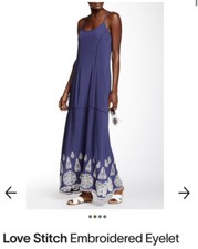 Blue Eyelet Maxi Dress Boho Chic Long Halter Tie Beach Wedding Dress Size Small