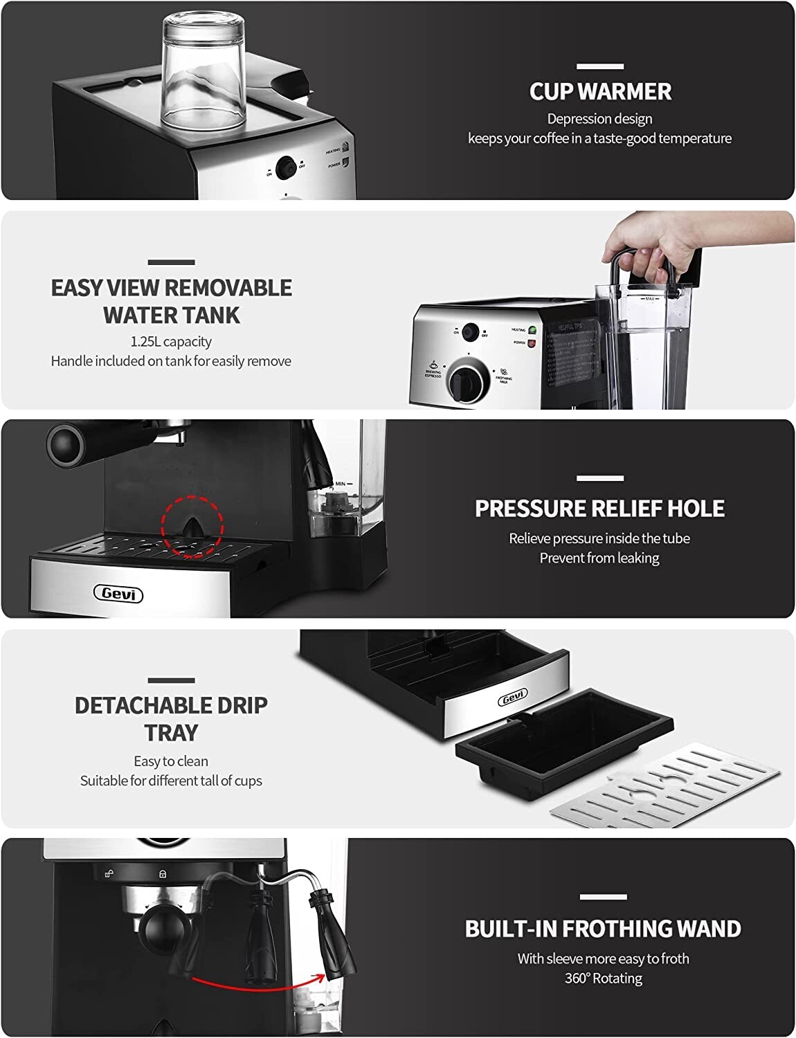 Gevi 15 Bar Espresso Machine, Coffee Maker W Milk Frother Latte & Cappuccino