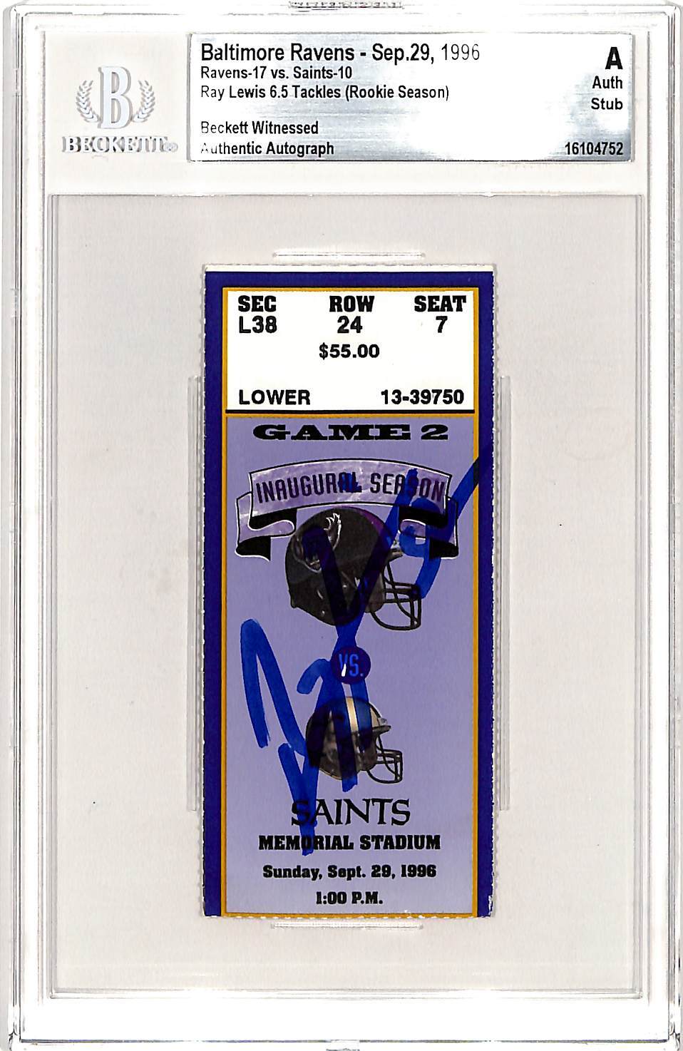 Ray Lewis Autographed Signed Baltimore Ravens 9/29/96 Ticket Stub Slab Beckett 