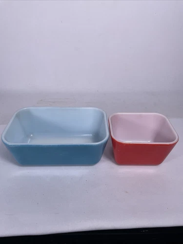 Vintage Pyrex Ovenware Baking Loaf Dish 502-B & 501 B Blue & Orange White Inside