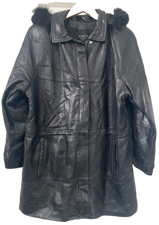 VTG Damselle NY Black Leather Coat Sz 12 Thermolite Parka Zip Fur Hood - Image 3 of 4