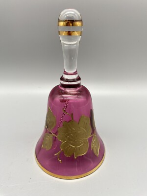 Bohemia Crystal Pink Glass Bell with Floral Design & Gold Trim 6.25 